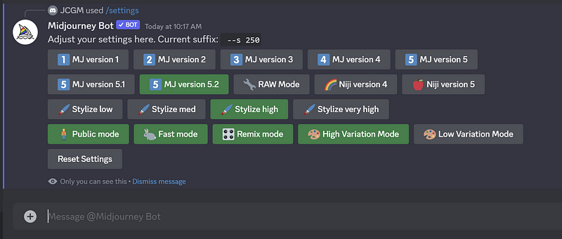 MidJourney AI settings overview