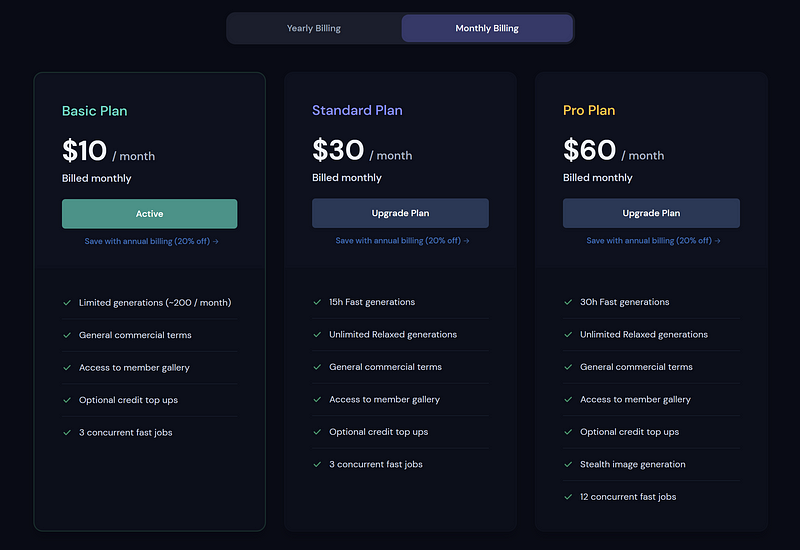 MidJourney AI pricing breakdown