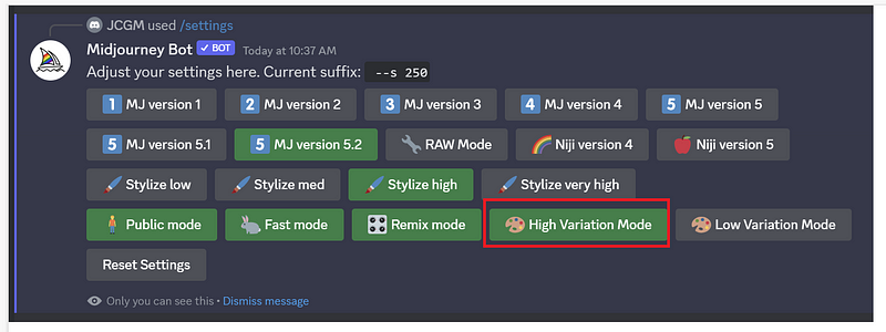 MidJourney Bot settings interface