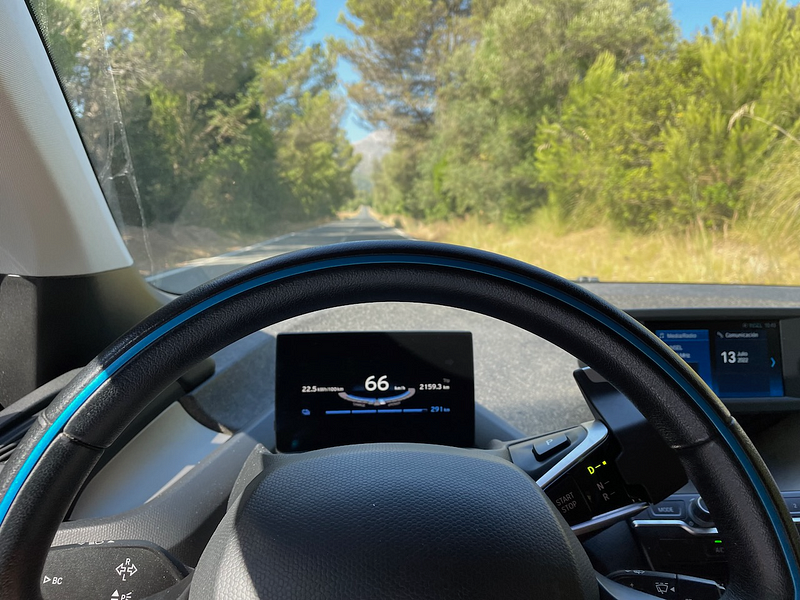 Scenic view from Tramuntana mountains with a BMW i3