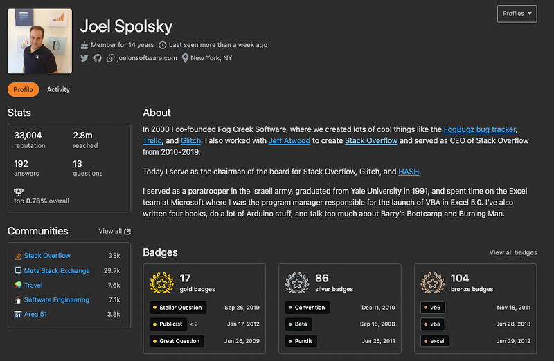 Joel Spolsky's Stack Overflow profile