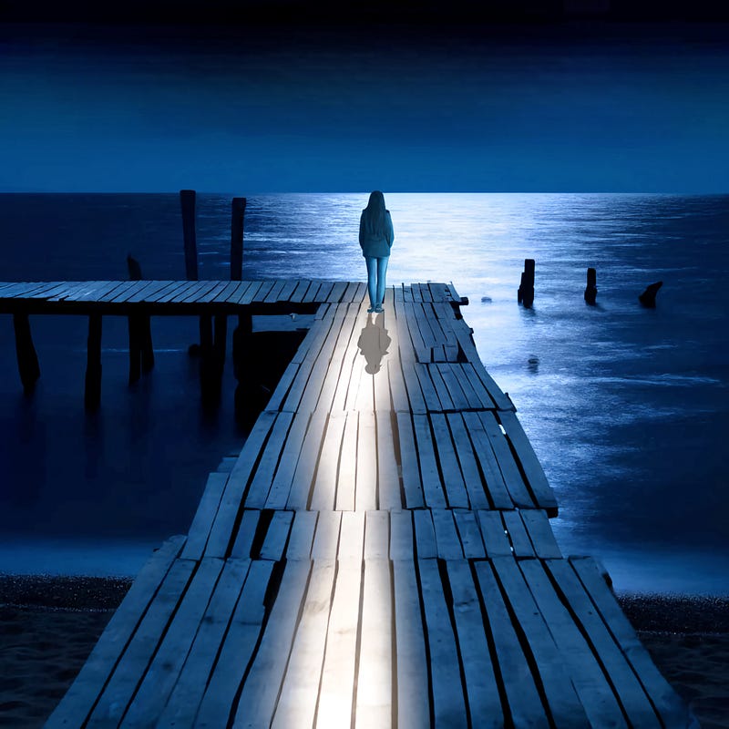 Evelyn standing on a pier under the moonlight