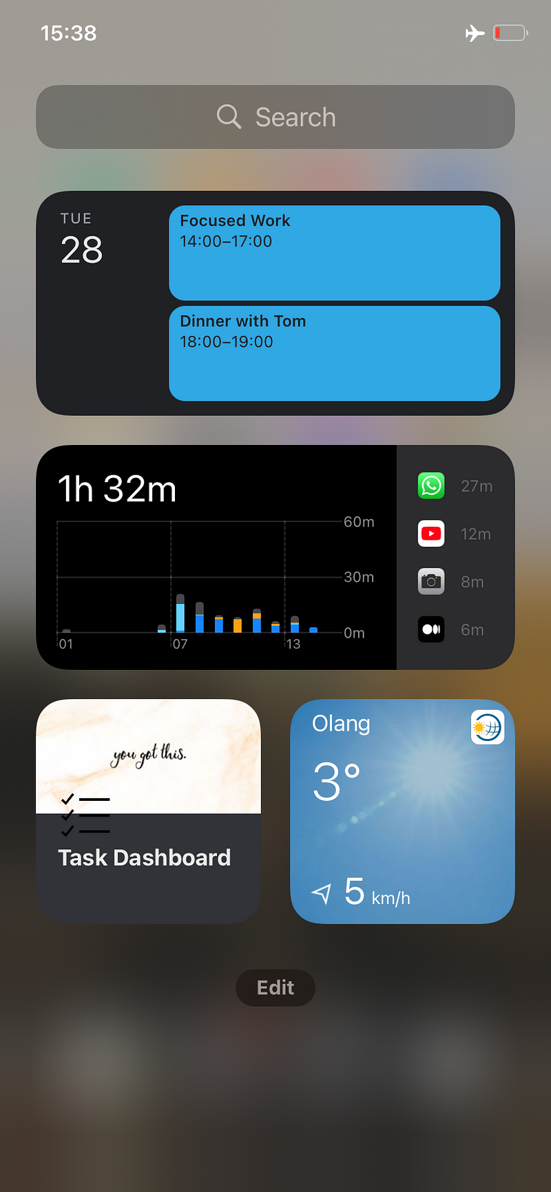 Today screen with calendar and screen time widget