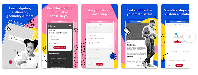 PhotoMath app interface showing math solutions