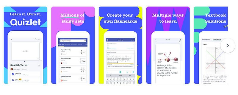 Quizlet app interface showcasing study tools