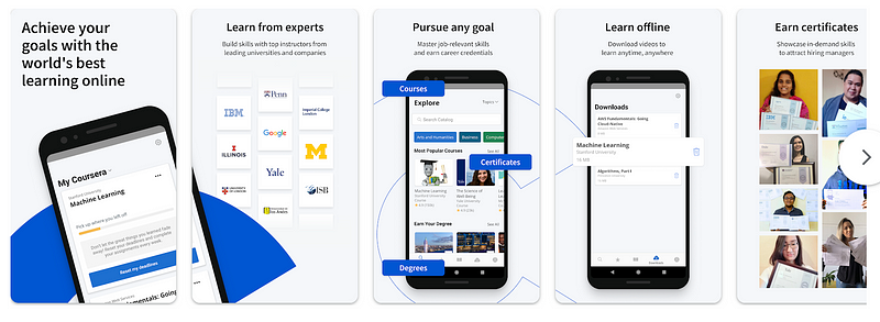 Coursera and Khan Academy app interfaces showcasing courses