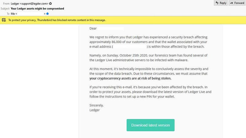 Phishing email example related to Ledger data breach