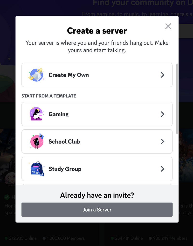 Joining a server in Discord