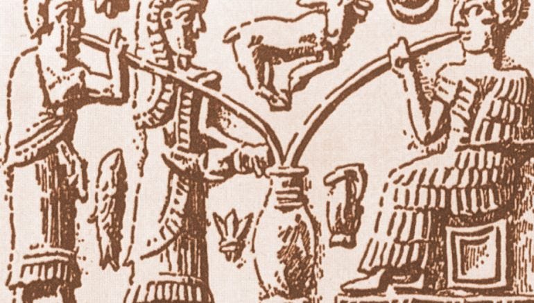 Ancient Sumerians enjoying beer from communal jugs