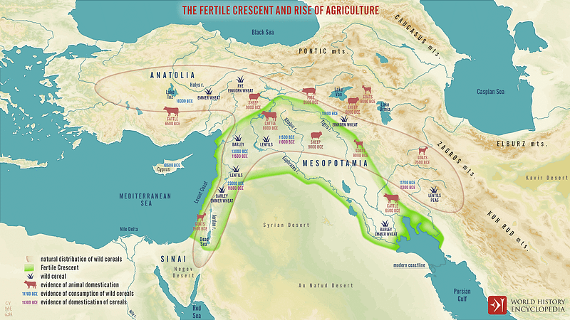 Map illustrating the spread of agriculture in the Fertile Crescent