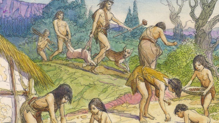 Artistic representation of hunter-gatherer life