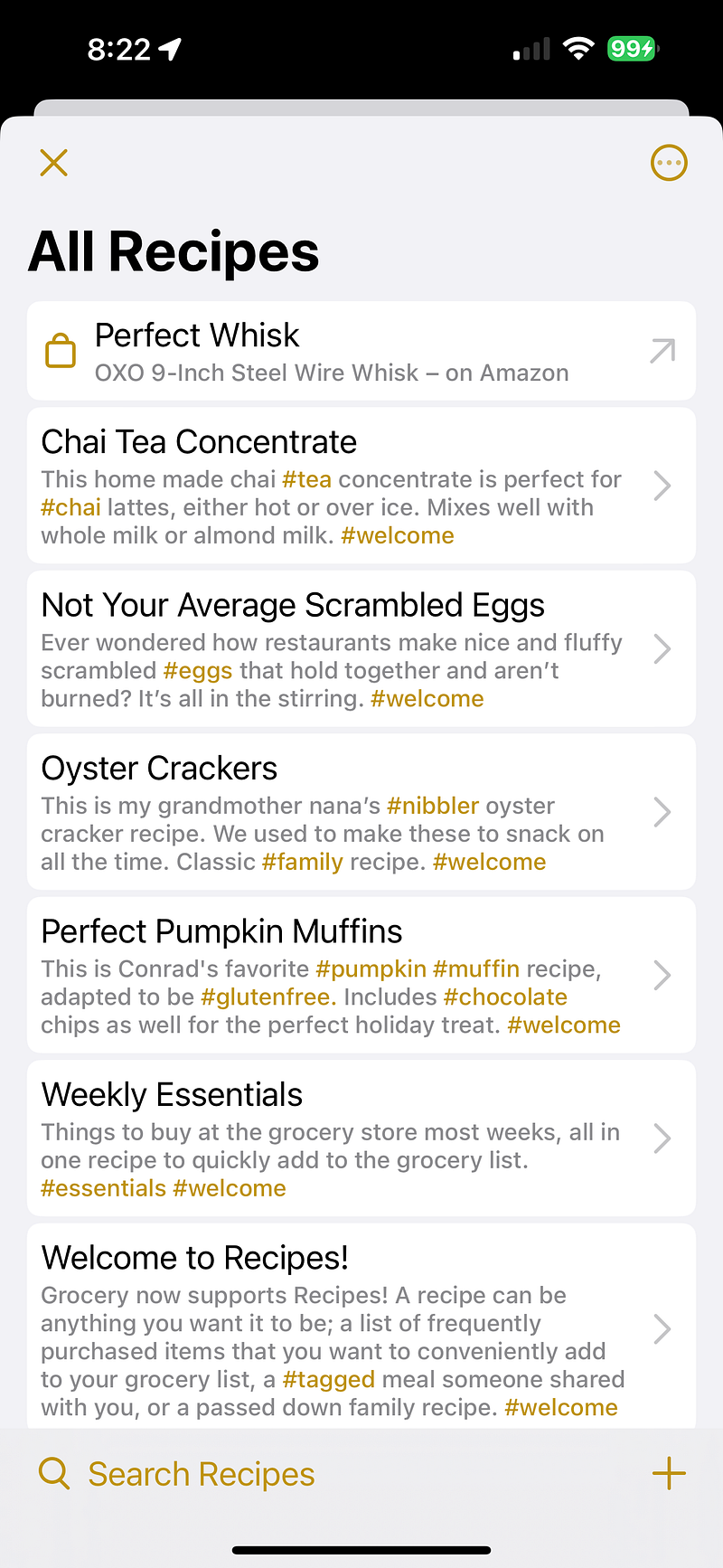 Grocery app recipe storage